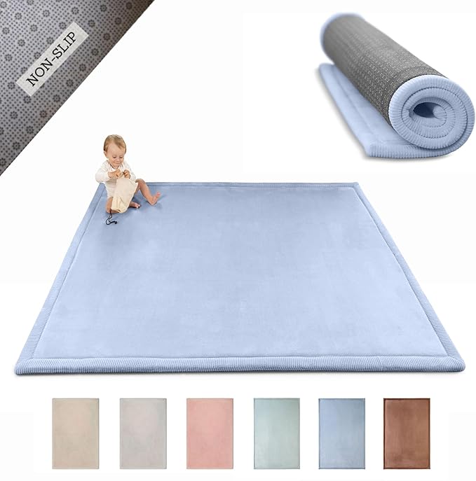 Hakuna Matte CloudSoft Baby Play Mat for Floor 60" x 80" Blue – Coral Velvet Memory Foam Rug for Crawling & Cozy Play – Non-Slip, Water-Resistant, Easy-CareTummy Time Mat, Playmat for Playpen