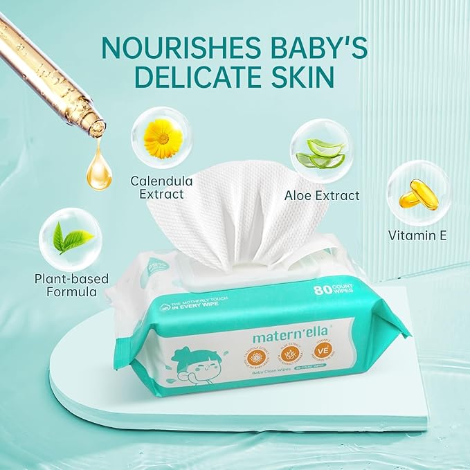 MATERN'ELLA Baby Wipes, Diaper Wipe for Sensitive Skin, 99% Water Based, Hypoallergenic, Unscented & Alcohol-free 3 Flip-Top Packs (240 Wipes Total)