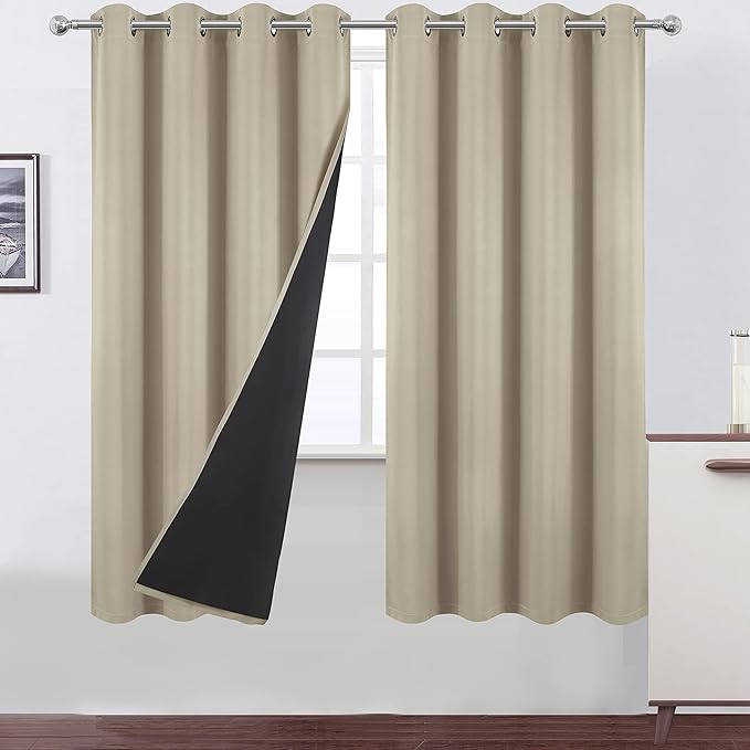 LEMOMO 100% Blackout Curtains 52 x 72 Inch/Beige Curtains 2 Panels with Black Lining Room Darkening Thermal Insulated Bedroom Curtains