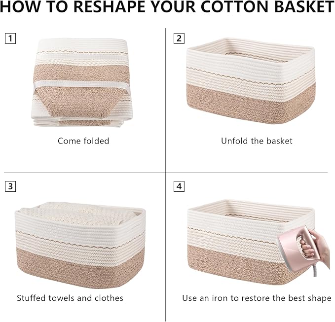 4 Pack Storage Baskets for Organizing, 15.75''x11.8''x7.87'', Decorative Cotton Rope Baskets for Shelves, Small Woven Basket for Toys, Books and Towels, Brown&White
