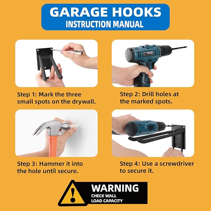 12 Pack Garage Hooks Heavy Duty 10 INCH Two-Tier Steel Shed Wall Mount Workshop Garage Storage Organizer Hooks for Hanging Garden Tool, Hose, Ladder, Chairs, Bikes with Anti-Slip Coating