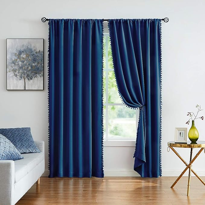 Pom Pom Curtains 84" Navy Royal Blue Blackout Curtains Bedroom Windows Drapes Triple Weave Thermal Insulated Curtain Panels for Men Boys Nursery Room Studio Hotel 52"w x2 Panels Rod Pocket
