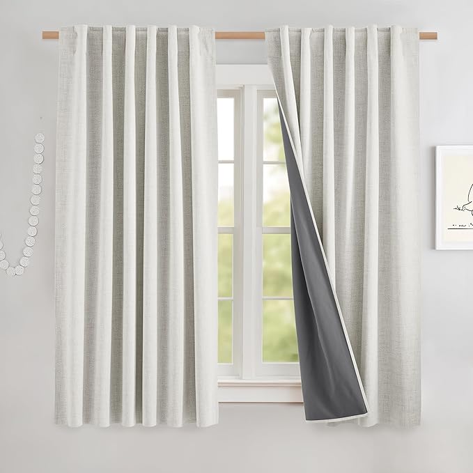 NICETOWN 100% Blackout Linen Cafe Curtains 48 inches Long 2 Panels, Thermal Insulated Curtains with Liners for Kitchen, Farmhouse Style Privacy Window Draperies for Basement, Snowbound, W52 per Panel