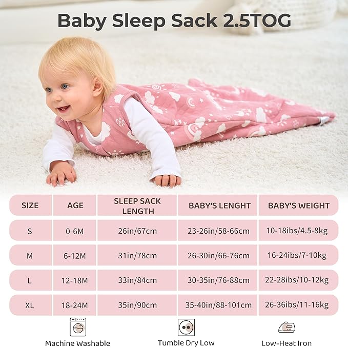 FIEMOL Baby Sleep Sack 18-24 Months 2.5 TOG, Winter Cotton Sleepsack for Toddler, Warm Quilted Baby Wearable Blanket, Baby Sleeping Bag with 2-Way Zipper Pink Rainbow