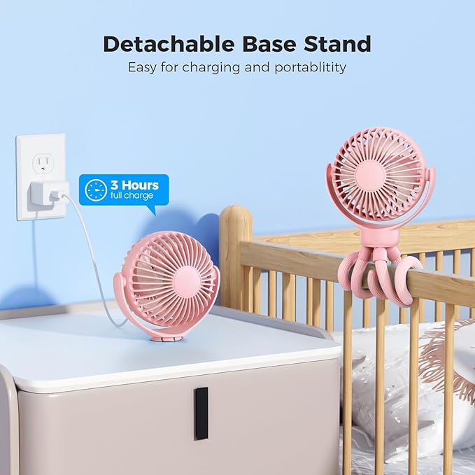 Portable Baby Stroller Fan - 3-Speed Flexible Tripod Personal Fan Clip on for Bed, Rechargeable Battery Powered, Newborn Summer Cooling Essentials for Car Seat, Bike, Sleep, Travel (Pink)