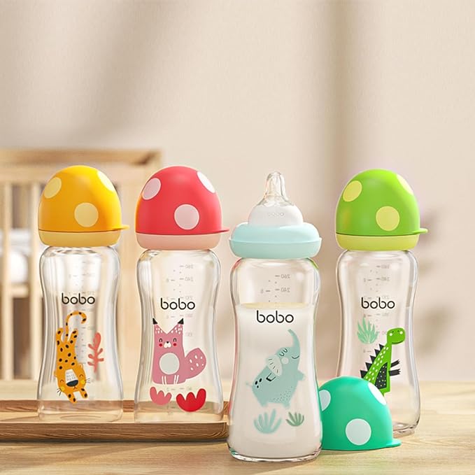YOHKOH Natural Glass Baby Bottle with Level 2 Medium Flow Nipple, Newborn Anti-Colic Baby Bottles, Wide Neck Mushroom Baby Glass Bottle (8.8ounce (Pack of 4), Multicolour2)