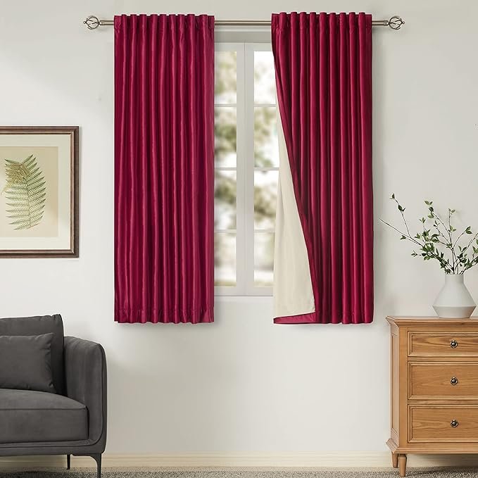 100% Blackout Red Plush Velvet Curtains 63 inch Long for Living Room,Set of 2 Panels Liner Rod Pocket Back Tab Thermal Window Curtains Room Darkening Heavy Decorative Curtains Drapes for Bedroom