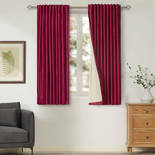 100% Blackout Red Plush Velvet Curtains 63 inch Long for Living Room,Set of 2 Panels Liner Rod Pocket Back Tab Thermal Window Curtains Room Darkening Heavy Decorative Curtains Drapes for Bedroom