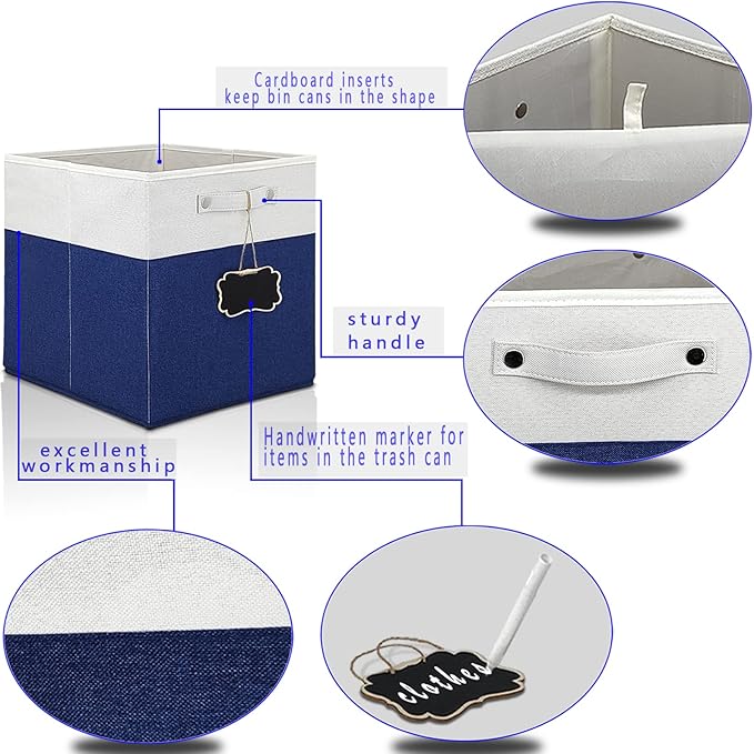 13x13x13 Inch Large Foldable Fabric Linen Cube Storage Bins【4-pack】, with Cotton Handles Closet Bins for Cabinet Shelves Home Organization and Storage bins(White&blue)