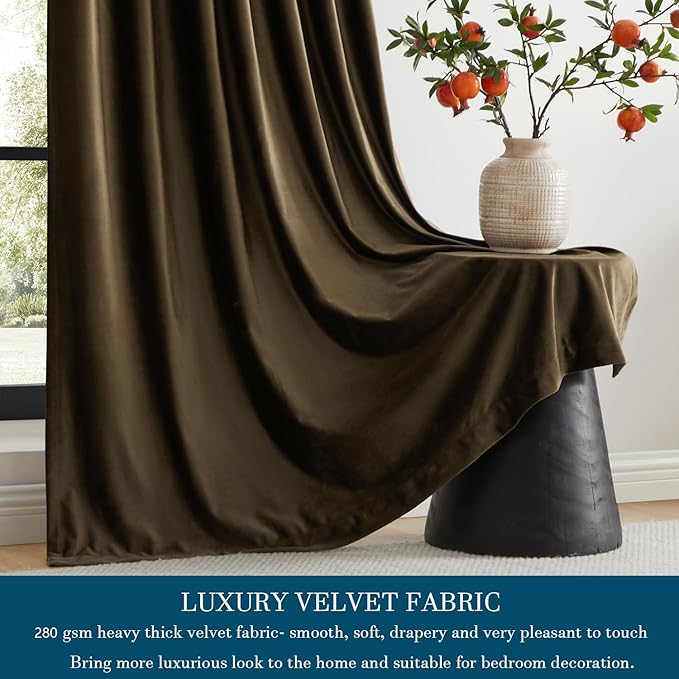 PRIMROSE Brown Velvet Curtains 120 inch Long for Living Room,Set of 2 Panels Blackout Rod Pocket Back Tab Window Treatment Room Darkening Heavy Decorative Curtains Drapes for Bedroom