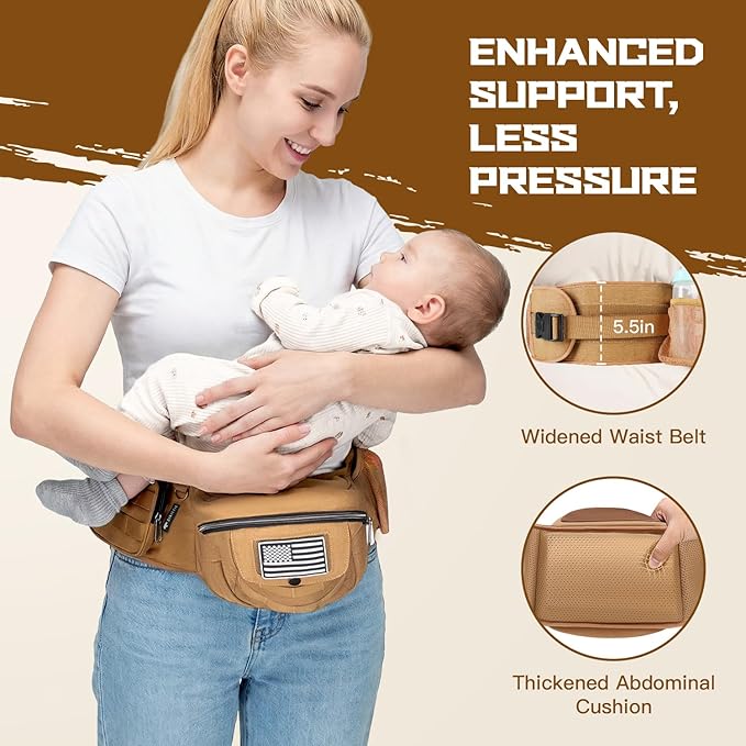 Dinictis Baby Hip Carrier, Ergonomic Waist Carrier with Hip Seat for Newborn to Toddler (Up to 45 lbs), Adjustable Wide Waistband, Molle Webbing & Multiple Pockets, Coyote Brown