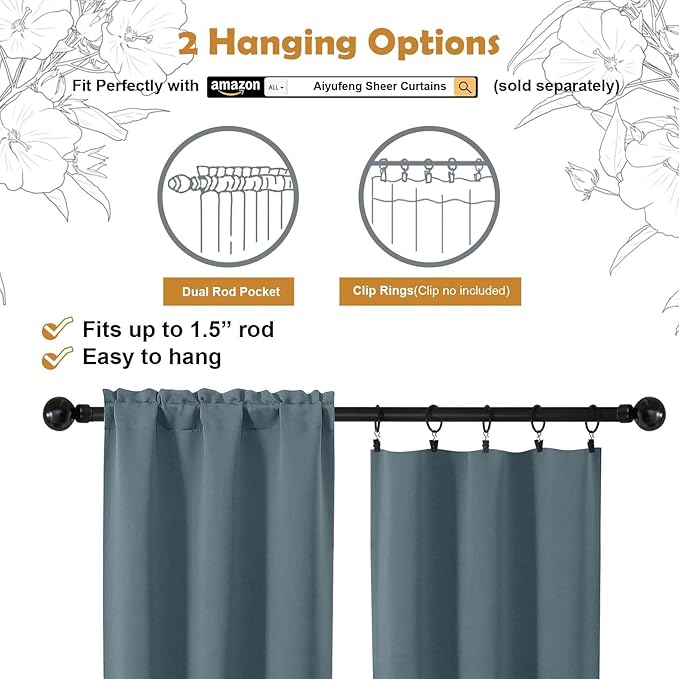Aiyufeng Stone Blue Short 36 Inches Blackout Curtain 2 Panels Set, Half Window Rod Pocket Privacy Curtain Tiers for Kitchen, Curtains Blackout for Bathroom Shades, W40 x L36 Inch, Stone Blue