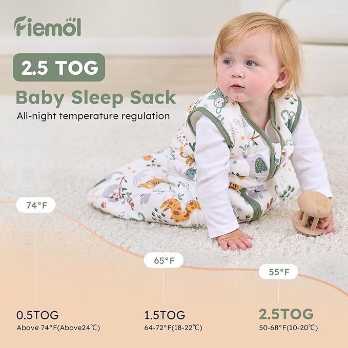 FIEMOL Baby Sleep Sack 12-18 Months, 2.5 TOG Cotton Winter Baby Wearable Blanket with 2-Way Zipper, Warm Soft Sleeping Bag for Toddler Boy Girl, Large Giraffe