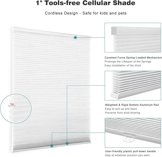 Changshade Cordless Cellular Shades Blackout Honeycomb Blinds for Windows - No Tools, Push Up - 20" W x 50" H, White
