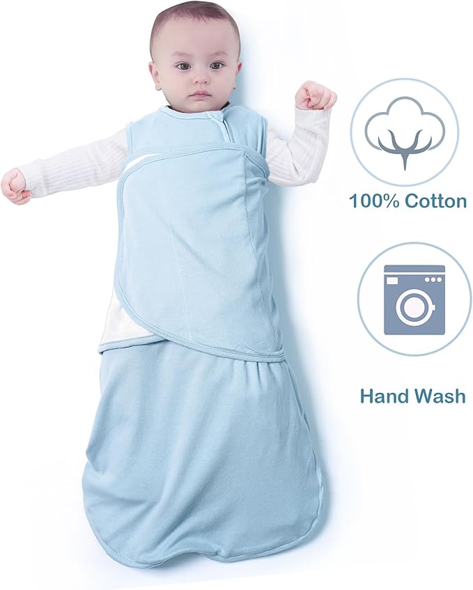 Baby Swaddle,Sleep Sack 6-12 Months,Adjustable Wearable Transition Blanket,Miracle Swaddles for Babies Large,100% Cotton（Cyan）