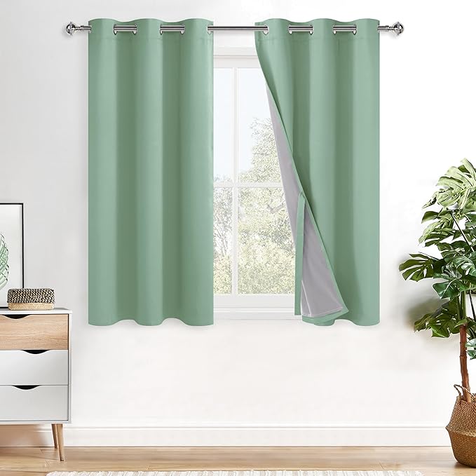 XWZO 100% Blackout Curtains 45 Inches Long with Tiebacks- Soundproof & Energy Efficiency Window Draperies Grommet Top with Black Liner for Bedroom/Living Room, Light Sage, W42 x L45, Set of 2