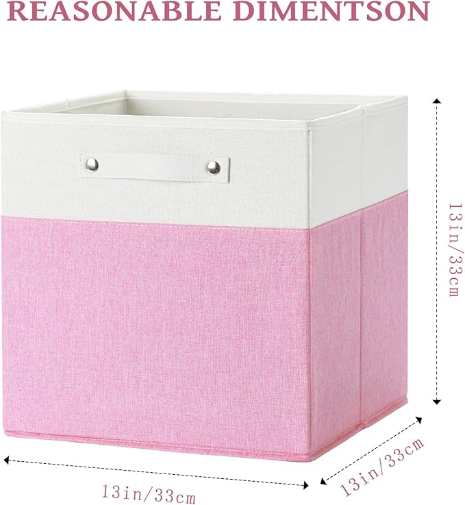 13 x 13 Inch Fine Linen Storage Bins with Handles，Fabric Cube Boxs，Basket Organizers for Shelves for Home, Closet Drawers (White/Pink-6 Pack)