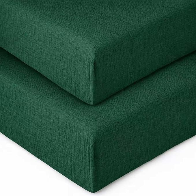 PET REJOIR 2 Pack Emerald Green Muslin Crib Sheets for Boys & Girl- Neutral Breathable Cotton Crib Mattress Sheets Fitted for Standard 28"x 52"- Nursery Décor No Slip Bed Sheets