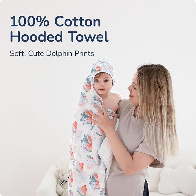 Muslin Hooded Baby Towels 2 Pack, Ultra Soft & Absorbent Baby Bath Towels, Bath & Beach Essentials, Shower Gifts for Newborns, Babies, Infant, Toddler - 32x32 Inch (Blueberry & Watermelon)