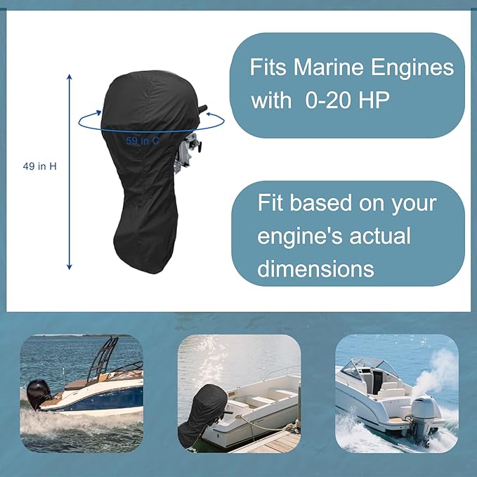 Waterproof Outboard Boat Motor Cover for 0-20HP，59 inch C * 49 inch H, Heavy Duty, Fade-Resistant, Universal Fit Engine Protection