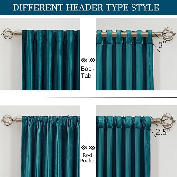 PRIMROSE Teal Velvet Curtains 120 inch Long for Living Room,Set of 2 Panels Blackout Rod Pocket Back Tab Window Treatment Room Darkening Heavy Decorative Curtains Drapes for Bedroom