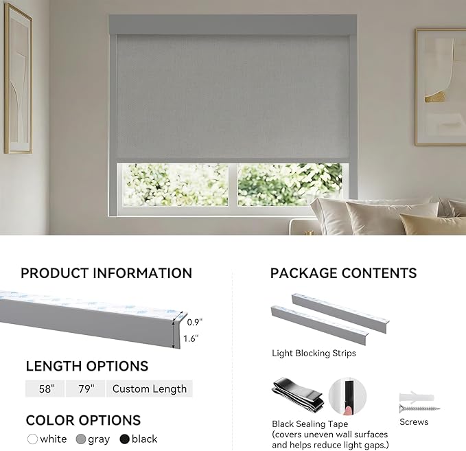 ZSTARR PVC Light Blockers 79in Blackout Light Blockers Side Tracks for Window Shades and Blinds Side Tracks for Blackout Shades Easy to Install Light Blocking Strips for Rooms Office (Grey, 79",2Pcs)