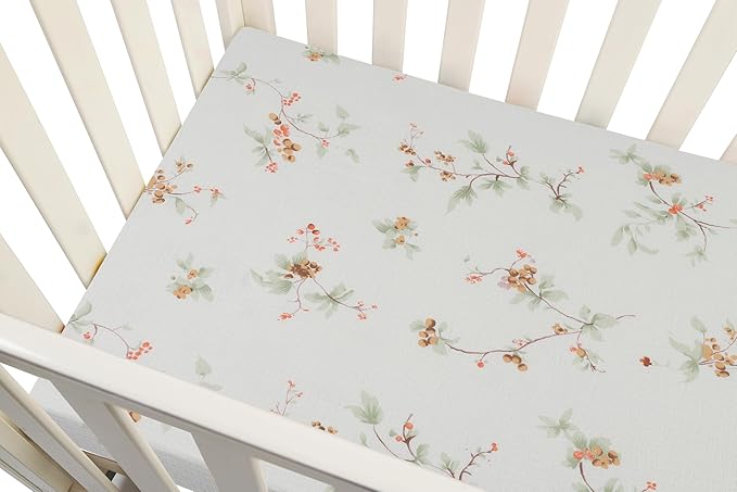 Onacosht Muslin Mini Crib Sheets, 39" x 27" Pack and Play Mattress Sheets Fitted for Pack N Play, Soft Cotton for Boys Girls, 2 Pack, Green and Leaf