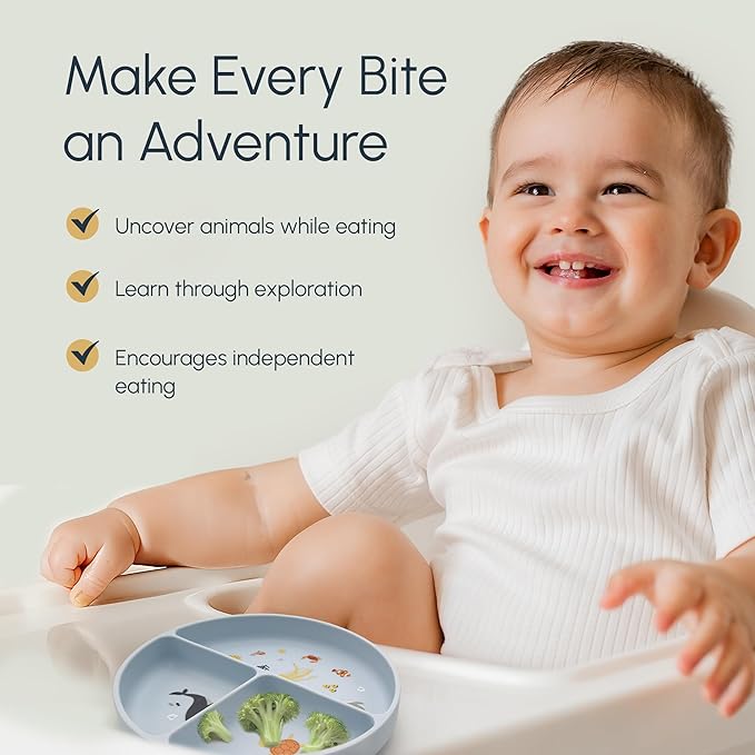 Silicone Suction Plates with Dividers - Grip Plates for Babies 6-12 Months and Toddlers 1-3, Toddler and Baby Dishes, Baby Led Weaning Essentials, Dishwasher Safe (Blue - Under the Sea)