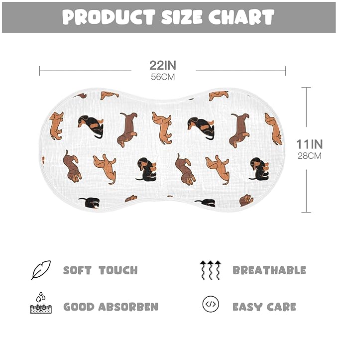 WELLDAY Muslin Baby Burp Cloths Set of 1, Soft Absorbent Cute Dogs Dachshunds Muslin Washcloths, Bibs, Face Towel for Newborn Boys Girls, 22 x 11 Inch
