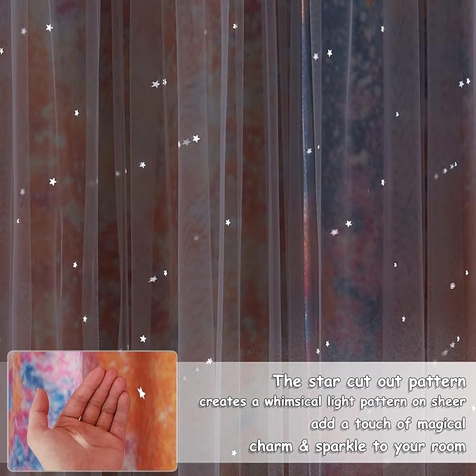 NICETOWN Rainbow Curtains - Double Layer Curtains 63 Inches Long with Sheer Grommet Nursery Blackout Star Hollow-Out Window Panels for Living Room, 52" W, 1 Pair, Yellow & Pink