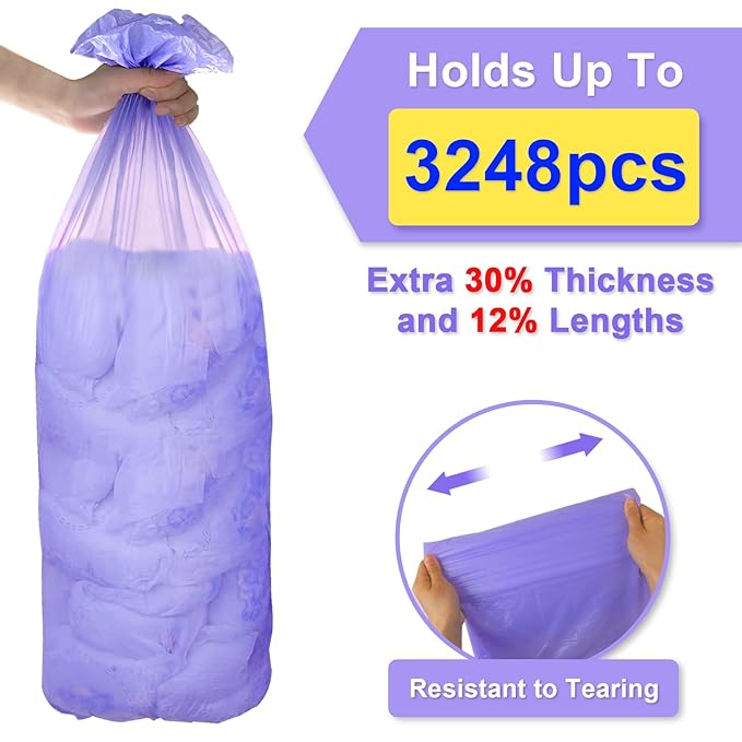 Diaper Pail Refill Bags Compatible with Dekor Plus Diaper Pail Refills 4 Pack Extra 14% Length,Holds up to 3248 Diapers,Extra 30% Thickness Powerful Odor Eliminate Lavender Scent for Baby/Adult