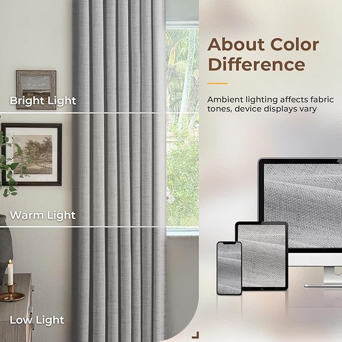 INOVADAY 100% Blackout Curtains for Bedroom, Black Out Curtains 63 Inch Long, Clip Rings Linen Blackout Drapes, Thermal Insulated Room Darkening for Living Room, 2 Panels - Grey,W50xL63