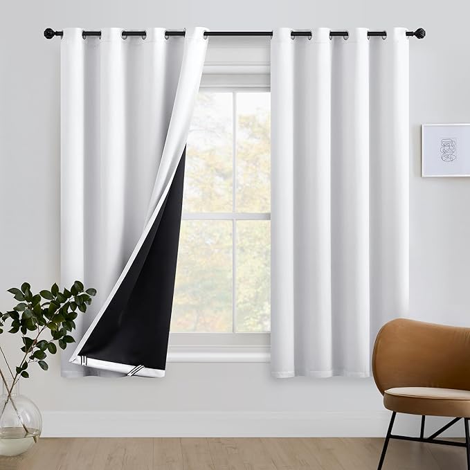 FMFUNCTEX 100% Blackout White Window Curtains for Living Room Bedroom Total Light Blocking Curtain Draperies for Living Room Thermal Insulated Window Treatment Set 50x63 2pcs