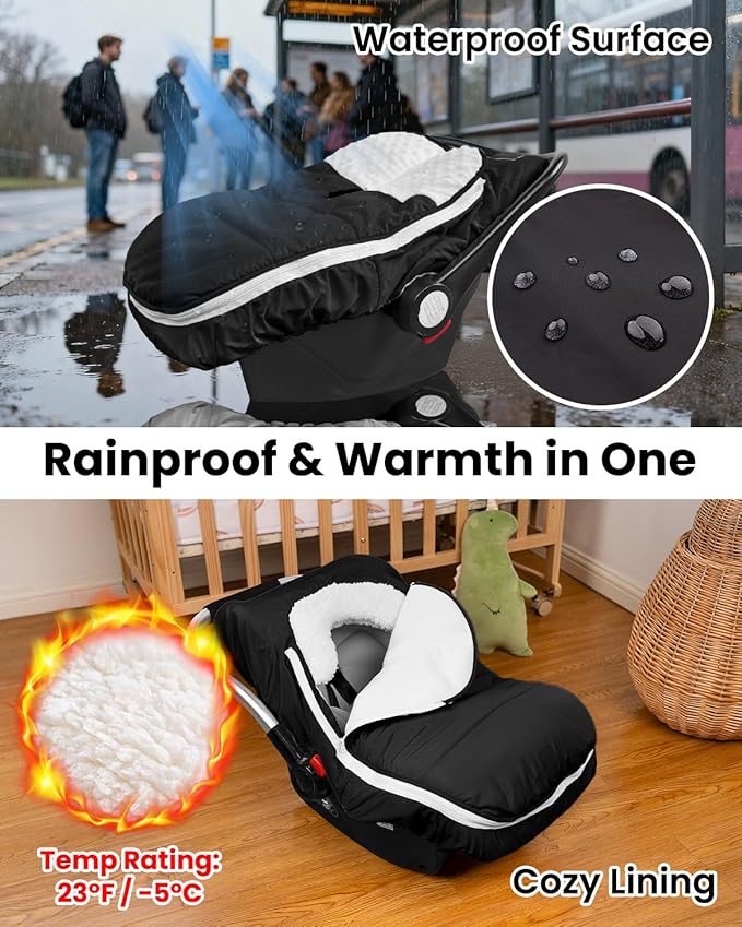 TinyPalsa Winter Baby Carseat Cover, Warm Cozy Infant Car Seat Covers with Plush Lining for Cold Weather, Waterproof Carseat Canopy with Adjustable Collar, Universal Fit for Boys & Girls (Black)