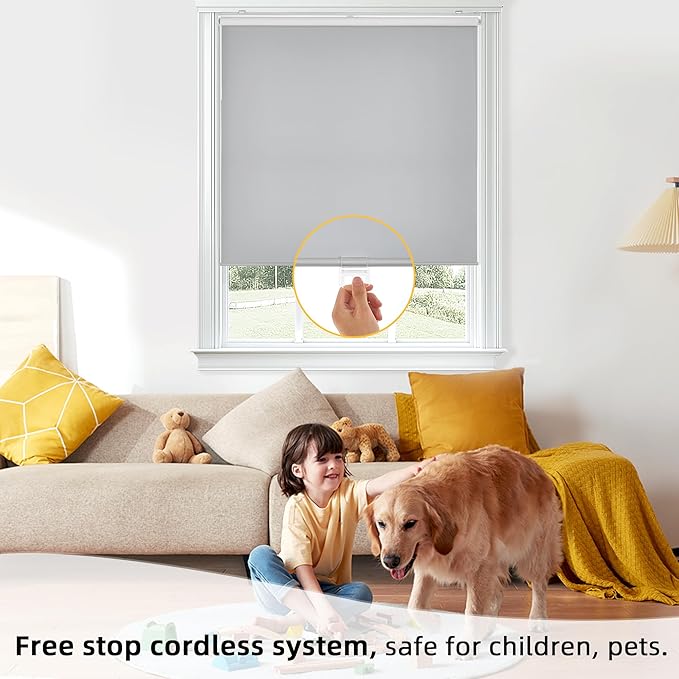 ChrisDowa Cordless Free-Stop 100% Blackout Blinds for Windows, Roller Windows Shades with Thermal Insulated, UV Protection Fabric for Living Room, Office and Home. Easy to Install.Grey,47" W X 72" H