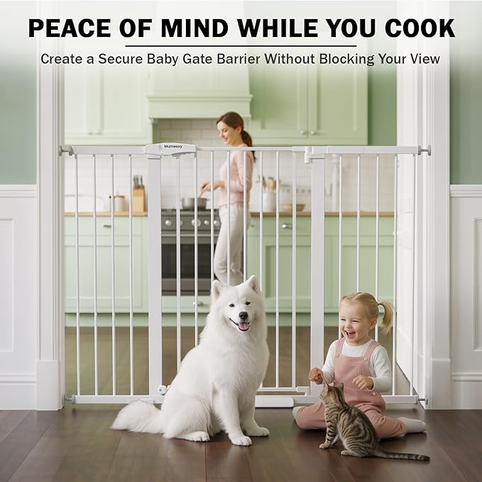 Mumeasy 36" Extra Tall Baby Gate for Doorways, 29.7"-57" Extra Wide Dog Gate for Stairs, Pressure Mounted Auto Close Pet Safety Gate with Easy Walk Thru Door, Large Indoor Child Gate for House, White