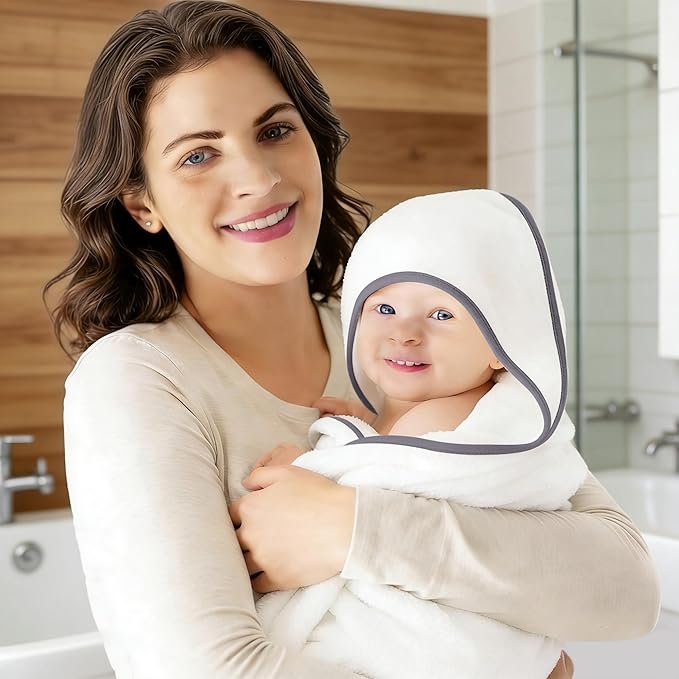 2 Pack Baby Bath Towel - Rayon Made from Bamboo, Ultra Soft Hooded Towels for Babies,Toddler,Infant - Newborn Essential -Perfect Baby Registry Gifts (White and Dark Grey, 30x30 Inch)