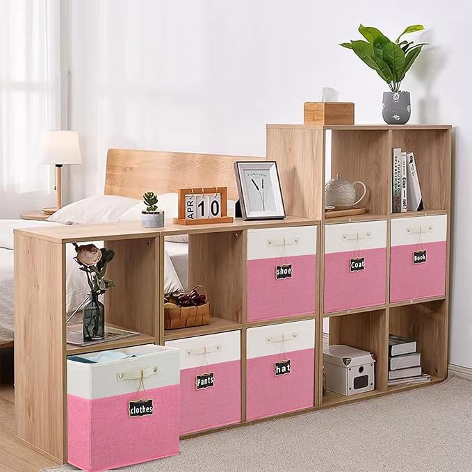Foldable Fabric Storage Cubes, 11x11x11, 4 Pack with Labels, Linen Kallax Storage Organizer Bins (White, Pink)