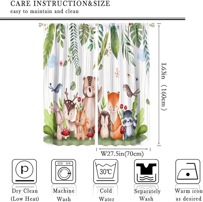 Forest Animal Curtains, Watercolor Wild Animal Bear Fox Deer Kids Window Treatments for Living Room Bedroom,Child Nursery Colorful Wildlife Jungle Forest Living Room Window Drapes Fabric,55x63Inch