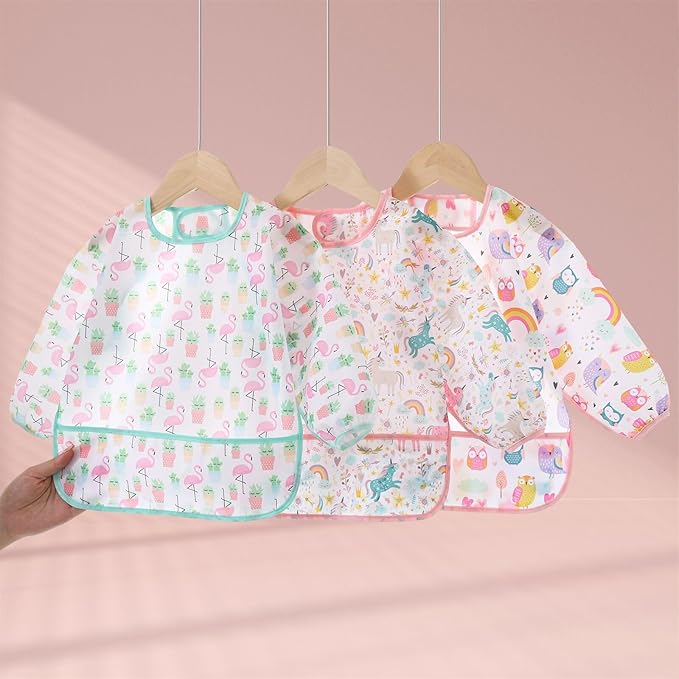 HaimoBurg 3 Pcs Waterproof Long Sleeves Baby Bibs Weaning Smock Bib 3-24 Months