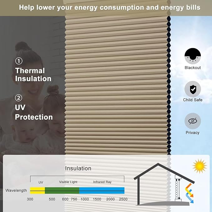 Changshade Blackout Blinds Black Out Shade for Indoor Windows, Cordless Cellular Shades Room Darkening Honeycomb Blinds for Bedroom, Bathroom, Shade Size 64 inch High 28 inch Wide, Brown