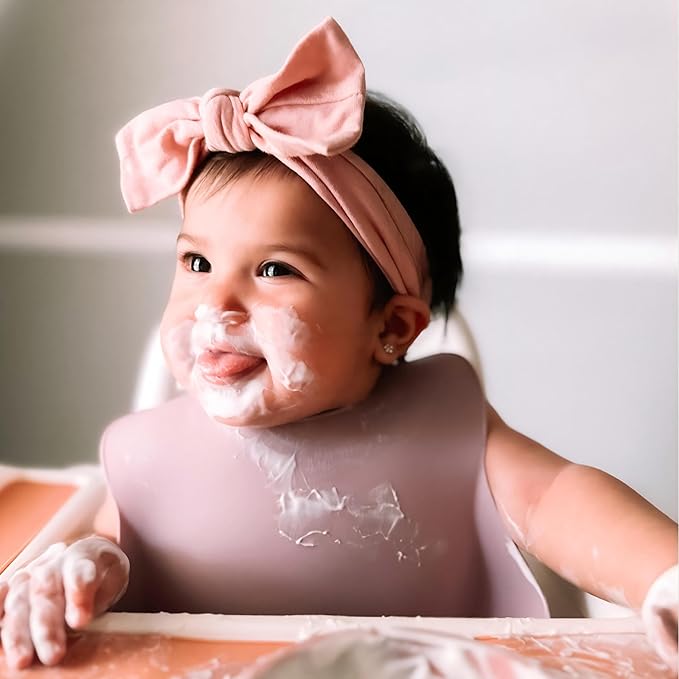 Moonkie Silicone Baby Bibs Set of 3, BPA Free Waterproof Baby Bibs for Eating, Adjustable Silicone Bibs for Babies 6-12 Months, Toddler Bibs with Pocket Food Catcher (Pink/Pastel Yellow/Soft Pink)
