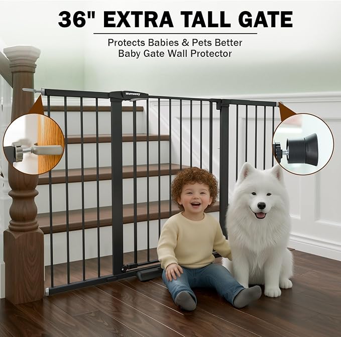 Mumeasy 36" Extra Tall Baby Gate for Doorways, 29.7"-57" Extra Wide Dog Gate for Stairs, Pressure Mounted Auto Close Pet Safety Gate with Easy Walk Thru Door, Large Indoor Child Gate for House, Black