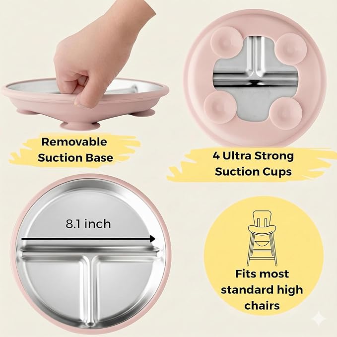 Stainless Steel Toddler Plate with Suction Set of 2, 8” Divided Plates with Removable Silicone Sleeves for Kids, Non Toxic & BPA Free | Non Slip | Unbreakable Baby Dishes, (Tofu & Pearl Blush)