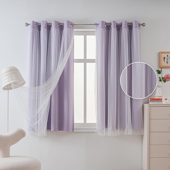 MYSKY HOME Cute Lilac Curtains for Girls Bedroom & Nursery Kids Purple Lavender Blackout Curtains 63 inch Long Double Layer with Polka Dots Sheer, Grommet Tops, 52" Wide, 2 Panels