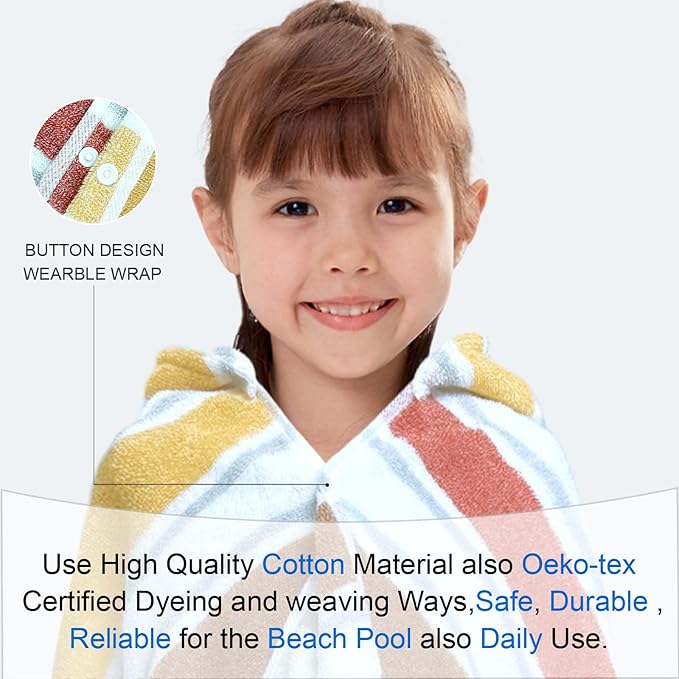 VOOVA & MOVAS Hooded Bath Towels for Kids (3-10Years,27.5"x55"),100% Cotton Absorbent Soft Towel Wrap for Toddler Boys,Perfect for Bathroom | Pool | Beach | Swimming, Jacquard Stripe