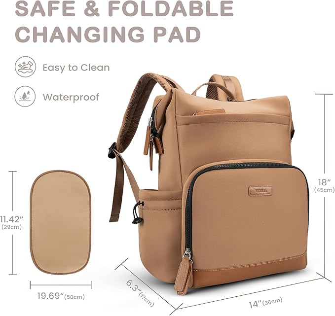 VONAL Neoprene Diaper Bag Backpack with Changing Pad, 33L Large Capacity Neoprene Backpack Baby Diaper Bag with Insulated Pockets, Travel Diaper Backpack Baby with 12 Pockets for Mom & Dad, Brown