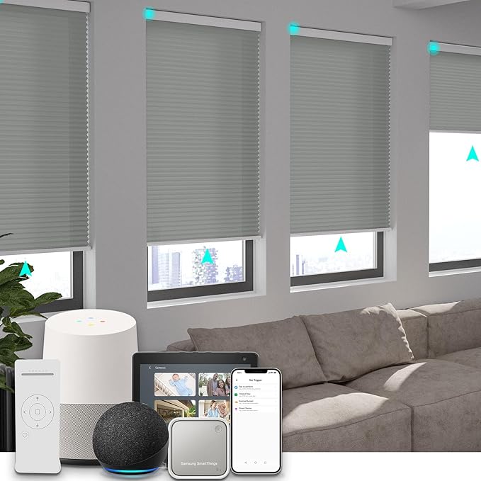 Changshade Smart Motorized Blinds Cellular Shades Remote Control Work with Alexa, Google Home, Smarthings, Custom Size Auto Electric Power Automatic for Indoor Windows Doors, Light Filtering, Grey