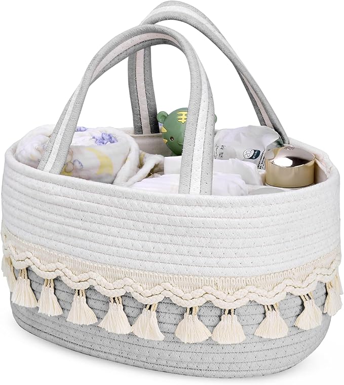 Diaper Caddy Organizer, Stylish Nursery Storage Basket, Baby Shower Basket with Tassel Decorative Appearance, Portable Storage Basket Suitable for Family and Car Travel (Grey)