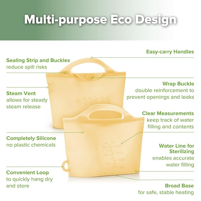 Haakaa Silicone Microwave Steamer & Steriliser Bag,70oz/2000ml Large Capacity Reusable Steaming Bags for Baby Bottles,Breast Pump/Accessories/Pacifiers/Teethers,Great for Home&On-The-Go,Pineapple/2PCS
